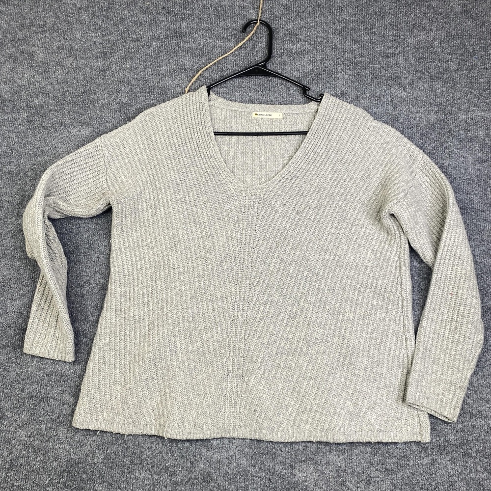Marine Layer Sweater Womens Large Gray V Neck Rib Knit Nylon Cashmere Blend